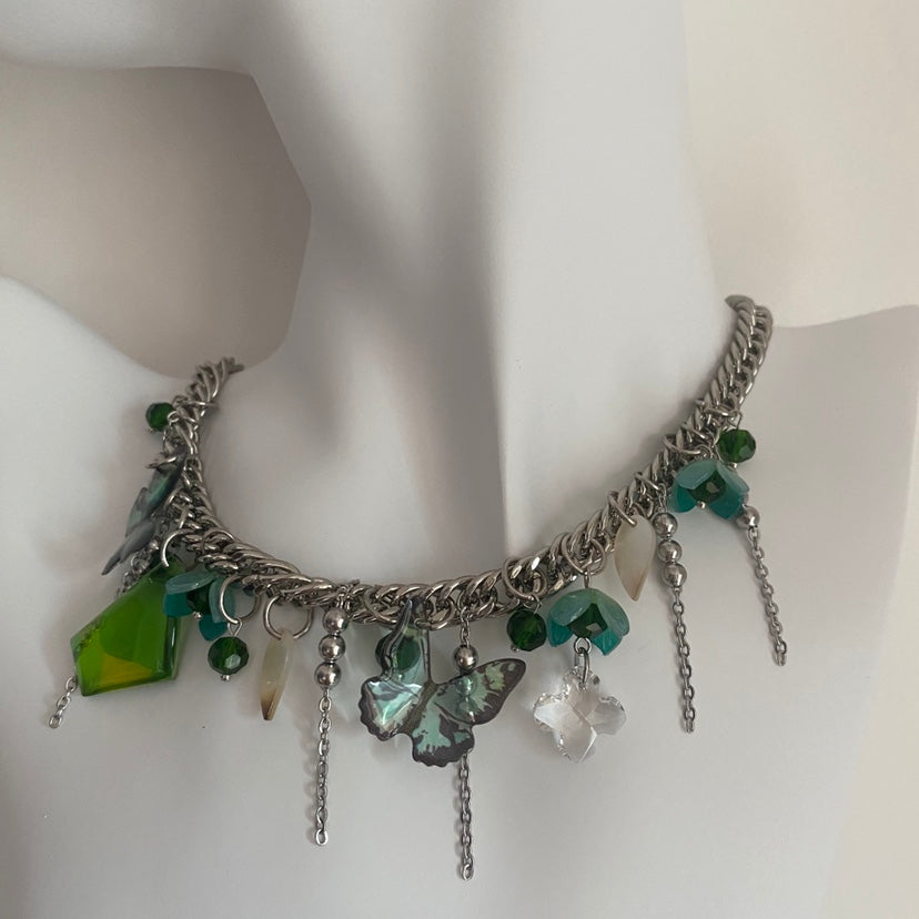 Goosudu Green Butterfly Tassel Choker Necklace