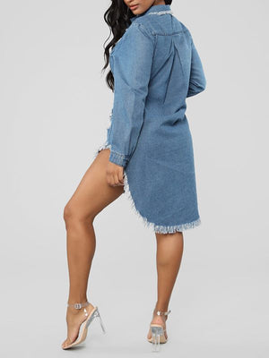 Goosudu Raw-Hem Ripped Denim Shirt Dress