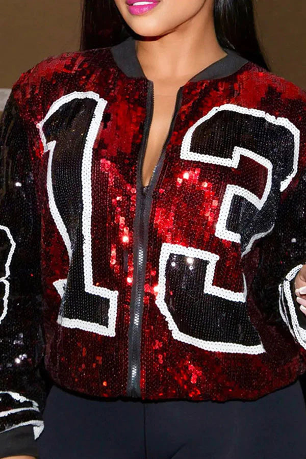 Goosudu Color Block Patchwork Sporty Sequined Jacket