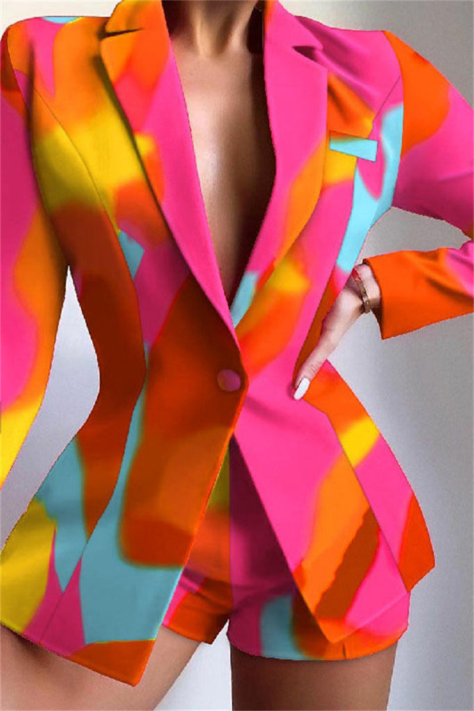 Goosudu Casual Print Patchwork Turn-back Collar Two Pieces