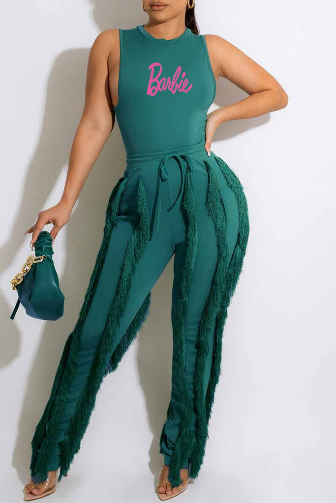 Goosudu Casual Street Print Tassel Letter O Neck Sleeveless Two Pieces