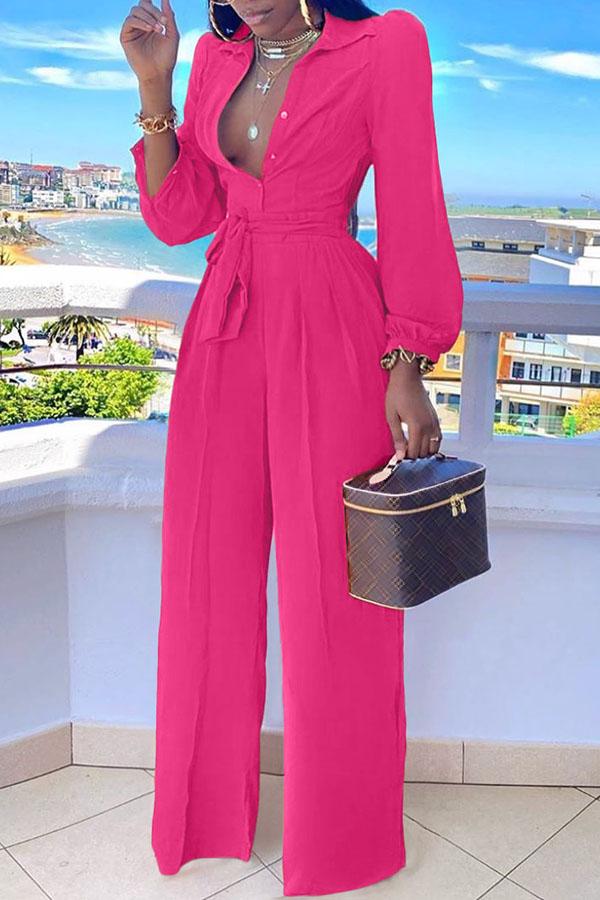 Goosudu High Waist Straight Wide Leg Casual Shirt Collar Jumpsuit With Belt