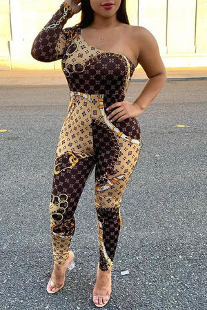 Goosudu Classic Printed One-shoulder Casual Slim-fit Jumpsuit