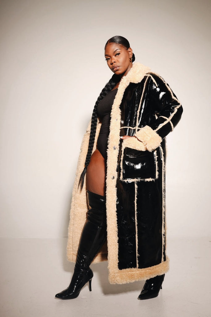 Goosudu Rich Vegan Patent Leather Jacket Faux Shearling Outwear