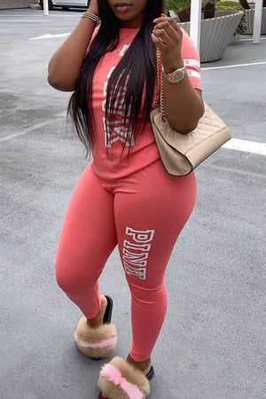 Goosudu Casual Print Letter O Neck Short Sleeve Two Pieces