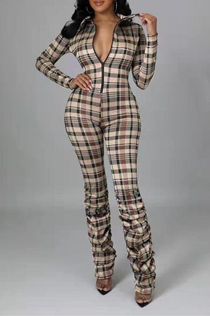 Goosudu Fashion Plaid Slim-fit Pile Pleated Jumpsuit