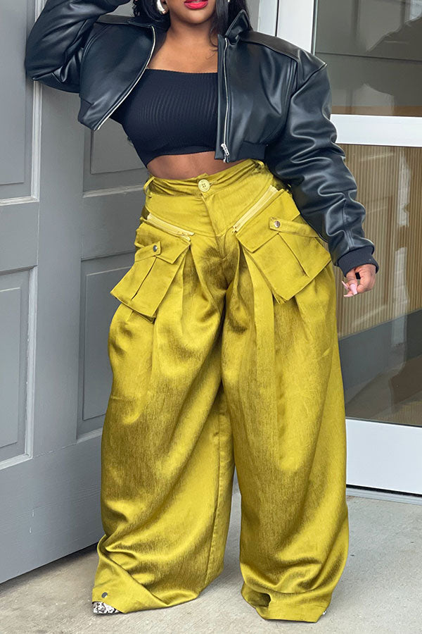 Goosudu High Waist Solid Color Feminine Patch Pocket Pants