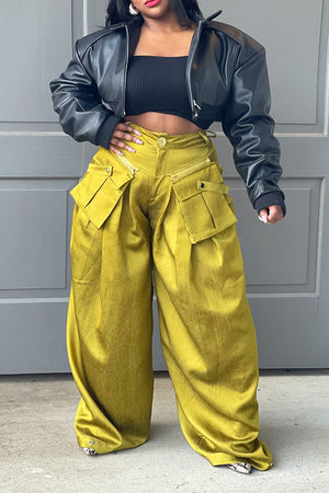 Goosudu High Waist Solid Color Feminine Patch Pocket Pants