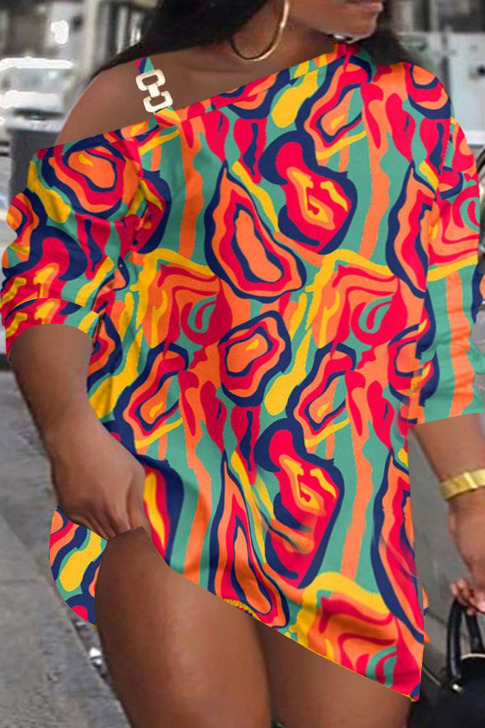 Goosudu Street Print Patchwork Metal Accessories Decoration Oblique Collar Straight Dresses