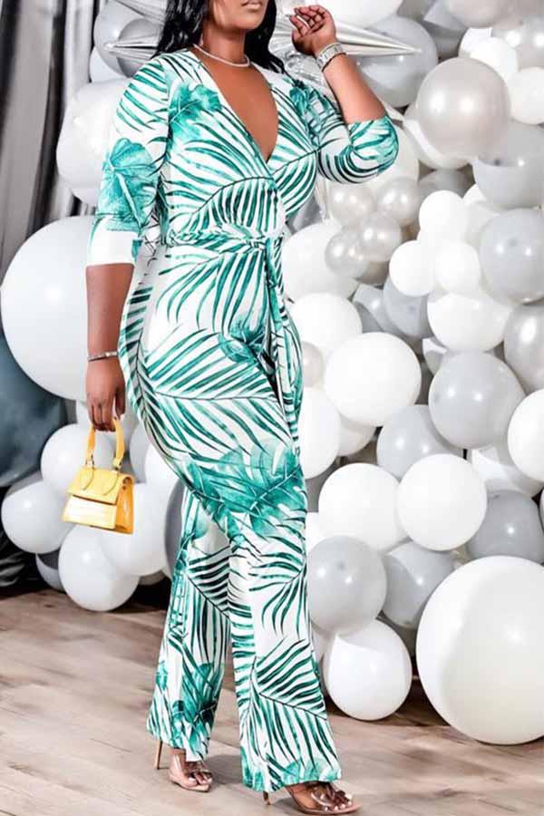 Goosudu Plus Size Palm 3/4 Length Sleeve Tie Waist Jumpsuit
