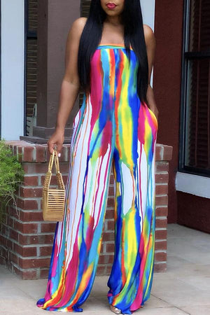 Goosudu Plus Size Colorful Inkjet Strapless Pocket Jumpsuit