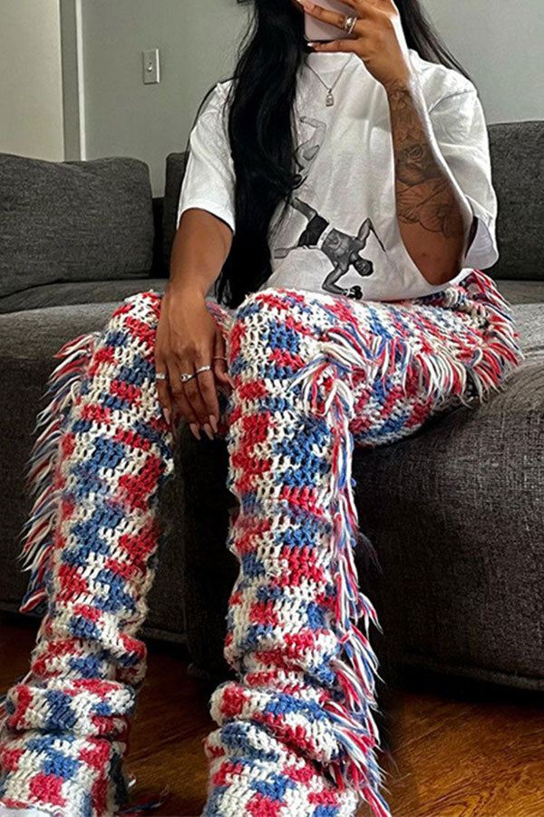 Goosudu Color Block Cute Side Tassel Knitted Pants