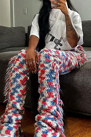 Goosudu Color Block Cute Side Tassel Knitted Pants