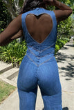 Goosudu Sexy Sleeveless Round Neck Zip Slim Backless Denim Jumpsuits