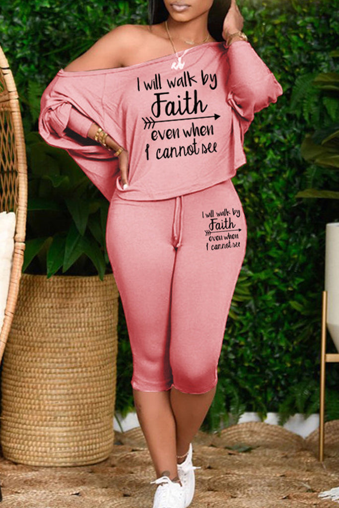 Goosudu Plus Size Casual Letter Patchwork Draw String Printing One Shoulder Plus Size Two Pieces