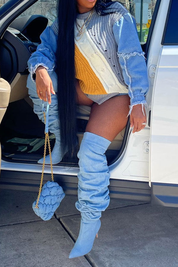 Goosudu Denim Patchwork Unique Hit Color Sweater