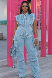 Goosudu Sleeveless Button Up Denim Jacket Wide Leg Pockets Jeans Matching Set
