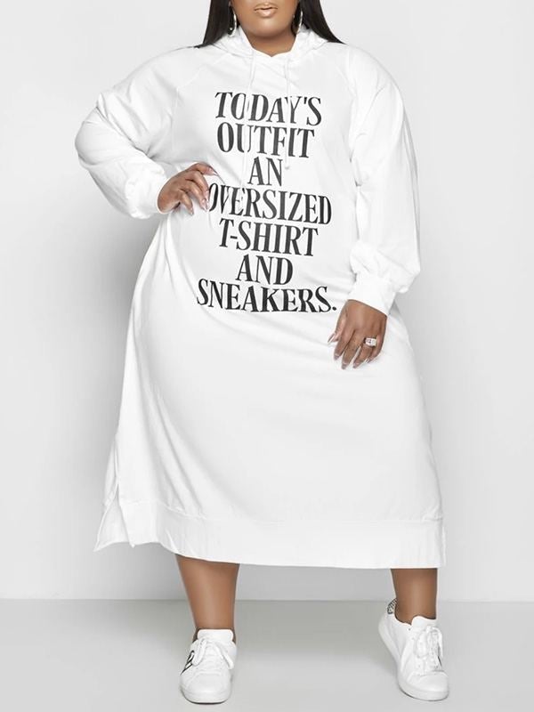 Goosudu Plus Size Slogan Side-Slit Hoodie Dress