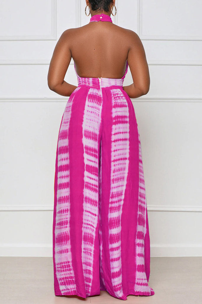 Goosudu Sexy Print Patchwork Backless Halter Straight Jumpsuits