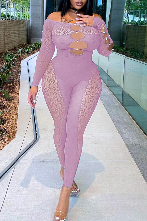 Goosudu Sexy Off Shoulder Sheer Leopard Print Pearl Buckle Chest Cutout Jumpsuits