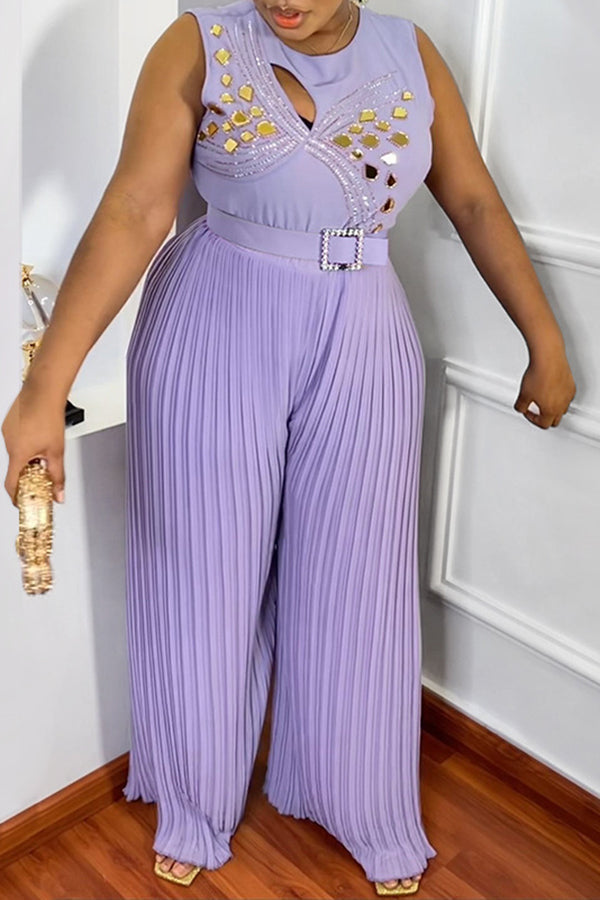 Goosudu Casual Round Neck Sleeveless Ironing Loose Pleated Jumpsuit