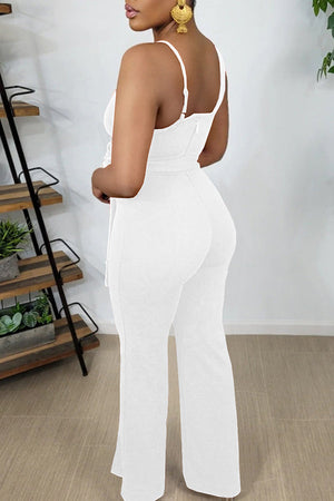 Goosudu Sexy Spaghetti Straps Belt Wide Leg Jumpsuit