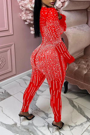 Goosudu Mesh Hot Diamond V-neck Long Sleeve Feather Jumpsuit