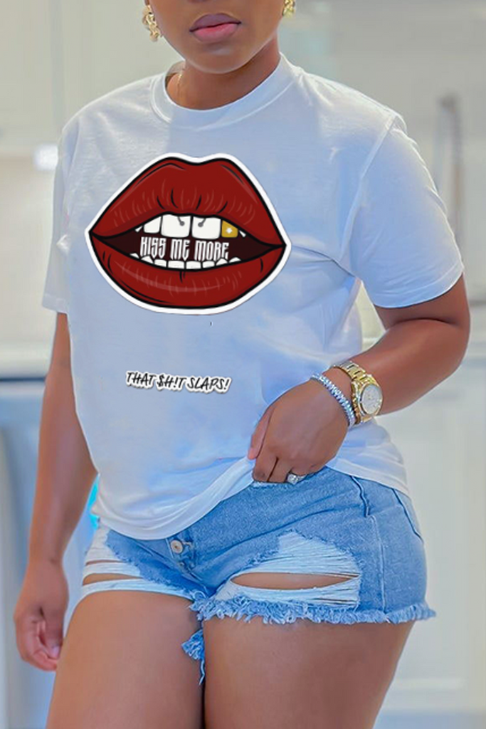 Goosudu Street Daily Lips Printed Letter O Neck T-Shirts