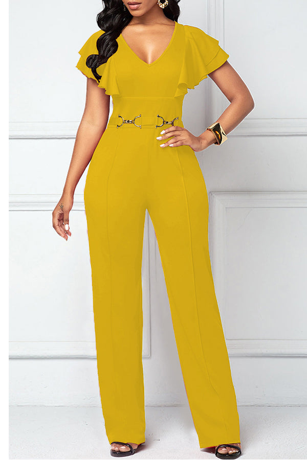 Goosudu Casual Fashion Layered Ruffle Sleeve V-Neck Jumpsuit