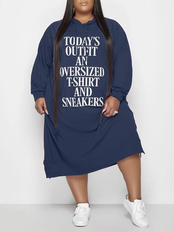 Goosudu Plus Size Slogan Side-Slit Hoodie Dress