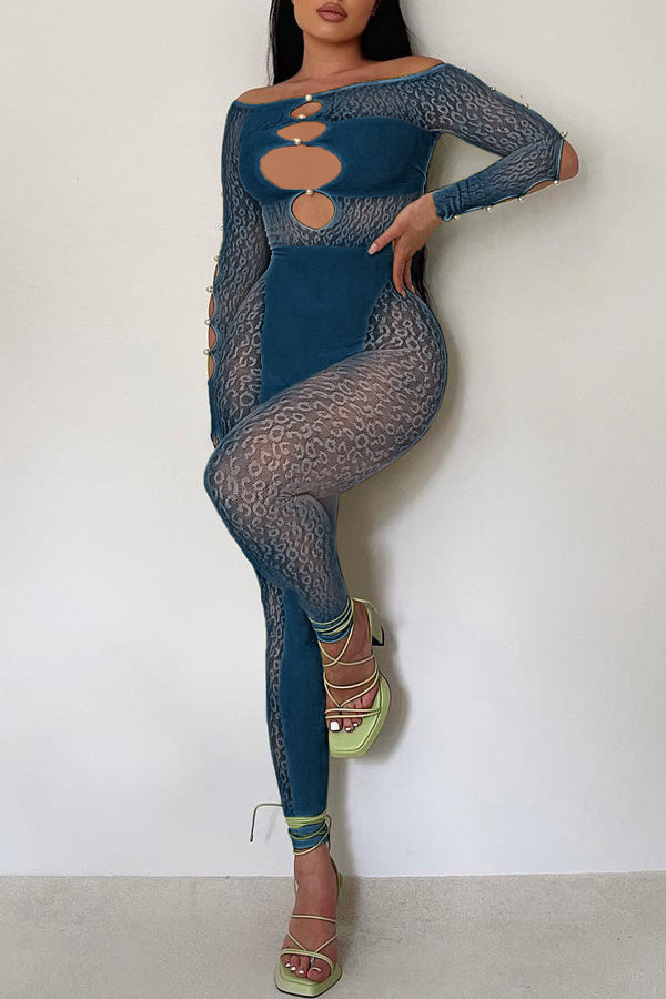 Goosudu Sexy Off Shoulder Sheer Leopard Print Pearl Buckle Chest Cutout Jumpsuits