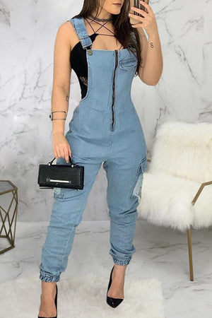Goosudu Fashion Sexy Slim Zipper Ripped Pocket Denim Overalls