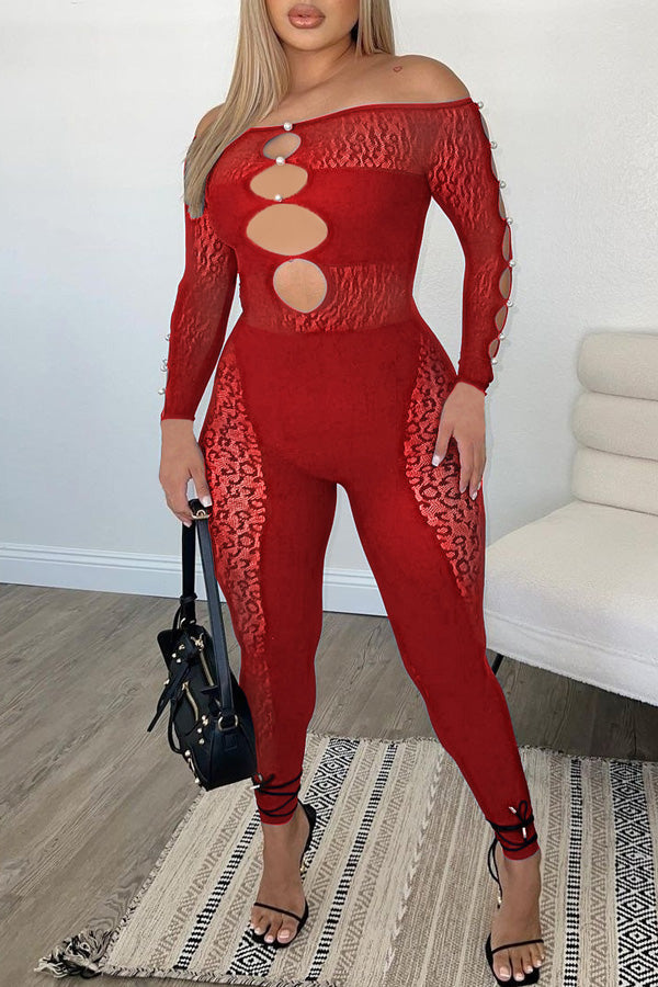 Goosudu Sexy Off Shoulder Sheer Leopard Print Pearl Buckle Chest Cutout Jumpsuits