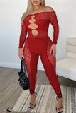 Goosudu Sexy Off Shoulder Sheer Leopard Print Pearl Buckle Chest Cutout Jumpsuits