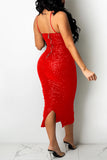 Goosudu Sexy Solid Sequins Split Joint Backless Fold Spaghetti Strap One Step Skirt Dresses