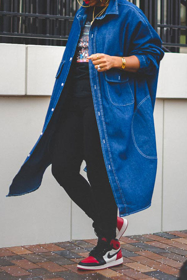 Goosudu Solid Color Relaxed Pocket Irregular Denim Trench Coat