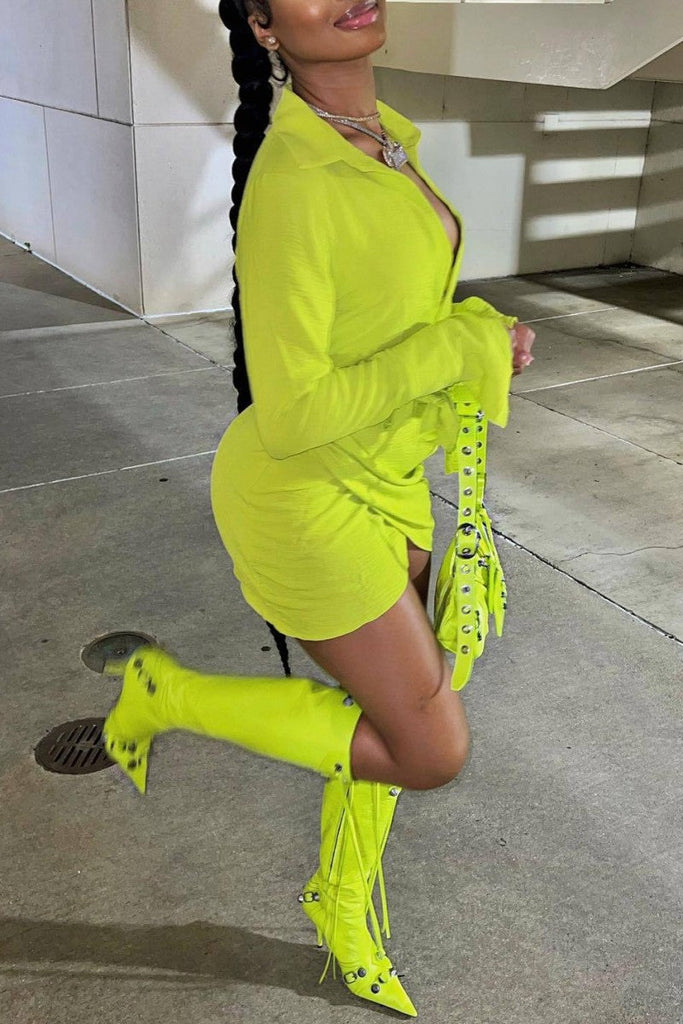 Goosudu Casual Solid Patchwork Turndown Collar Long Sleeve Dresses