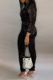 Goosudu Solid Sequin Zip Collar Drawstring Plus Size Jumpsuit