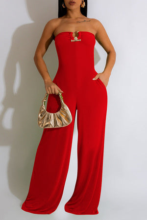 Goosudu Fashion Solid Color U-Shaped Buckle Wrap Chest Tie Rope Wide-Leg Jumpsuit