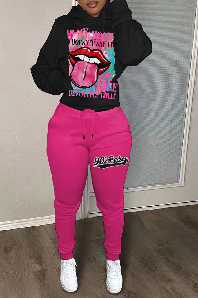 Goosudu Casual Print Patchwork Draw String Pocket Hooded Collar Long Sleeve Two Pieces