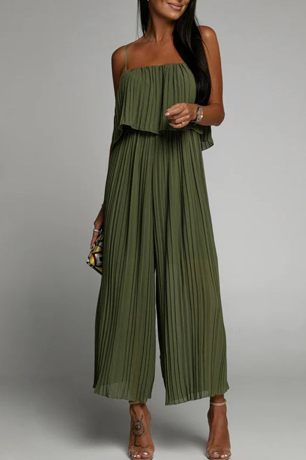 Goosudu Sleek Loose Pleated Ruffled Wrap-chest Sling Jumpsuit