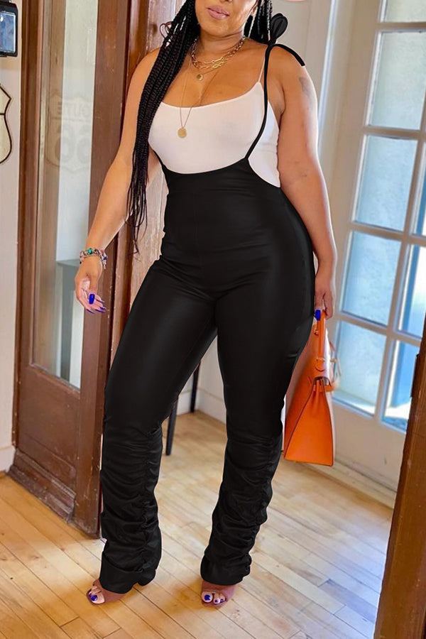 Goosudu Chic Tie Shoulders Ruched Leather Overalls