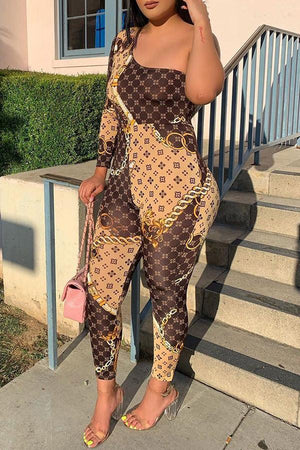 Goosudu Classic Printed One-shoulder Casual Slim-fit Jumpsuit