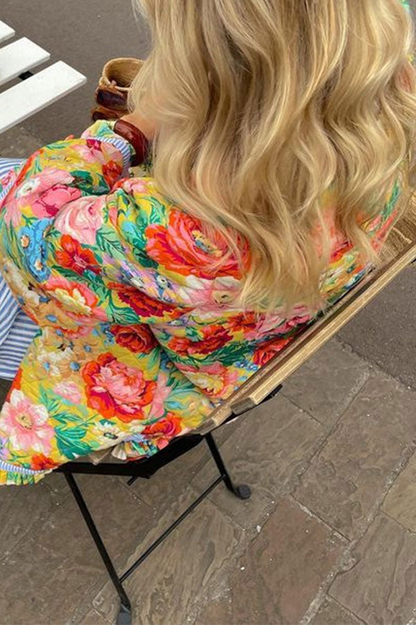 Goosudu Patchwork Floral Print Cozy Button Thru Coat