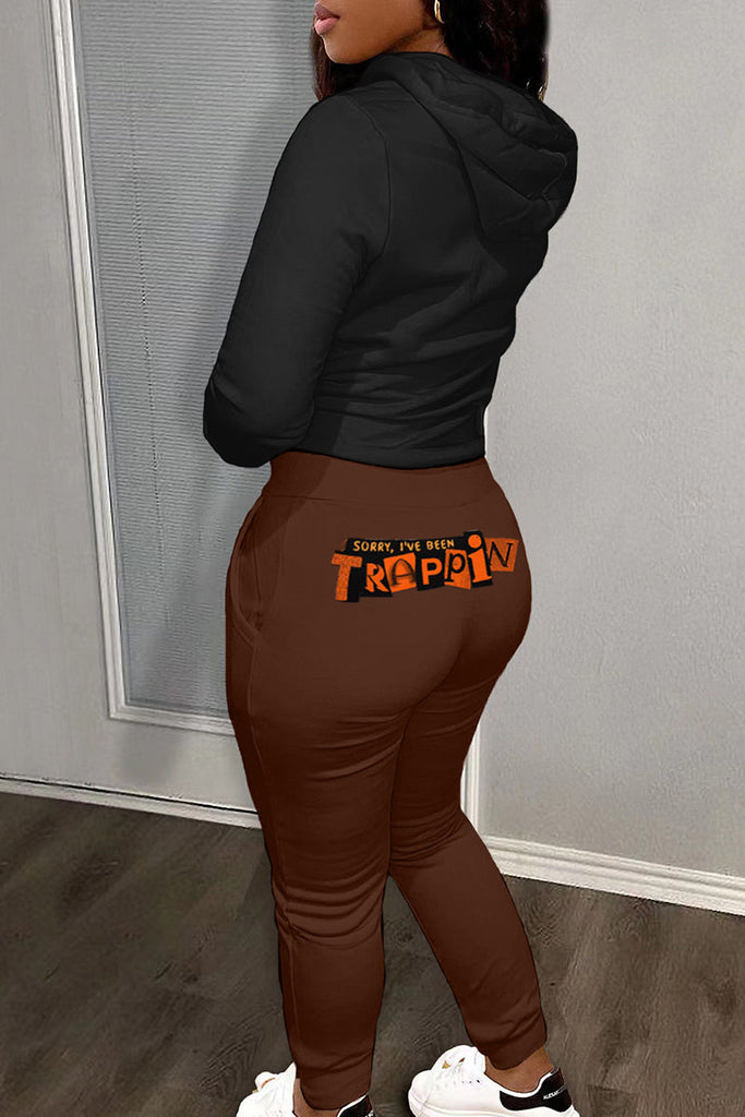 Goosudu Casual Print Patchwork Draw String Pocket Hooded Collar Long Sleeve Two Pieces