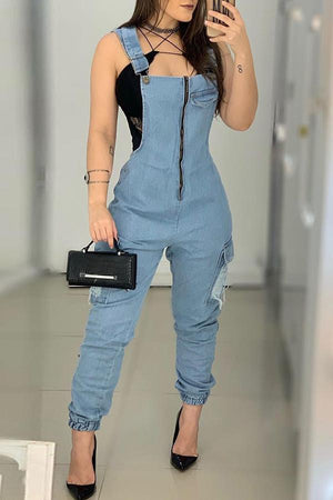 Goosudu Fashion Sexy Slim Zipper Ripped Pocket Denim Overalls