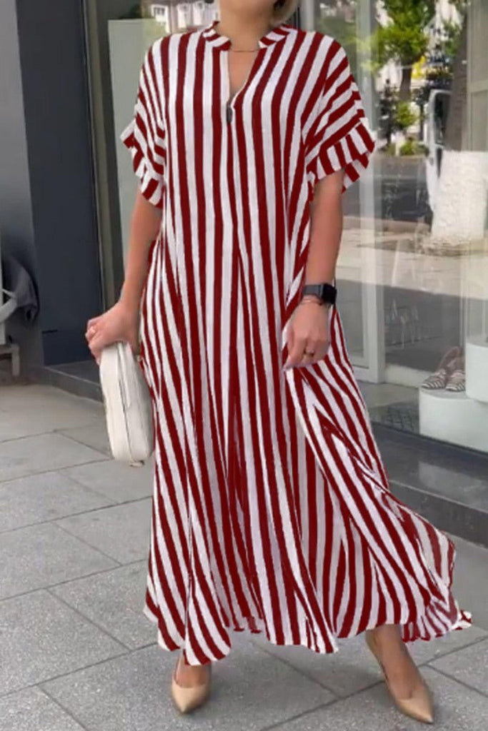 Goosudu Casual Striped Print Patchwork V Neck Long Dress Dresses