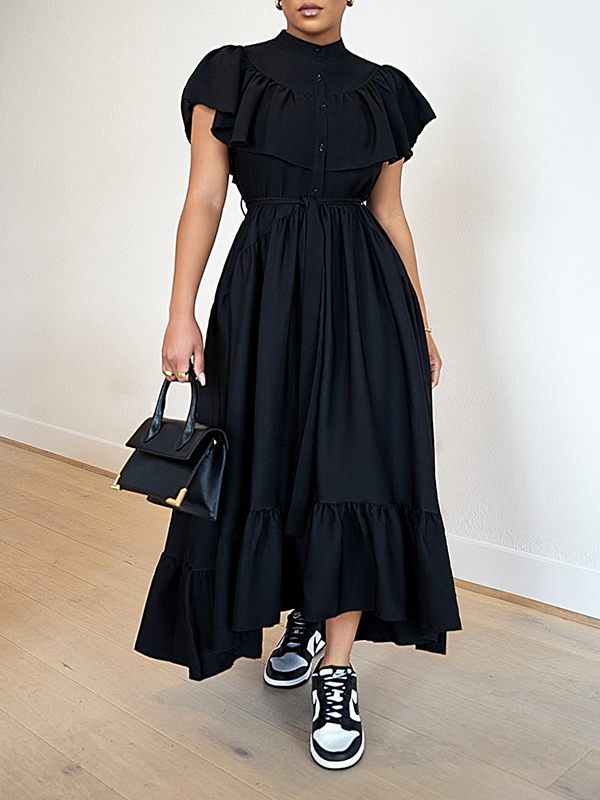 Goosudu Solid Ruffle Shirt Dress