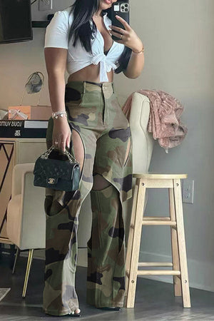 Goosudu Camouflage Unusual Hollow-Out Pants