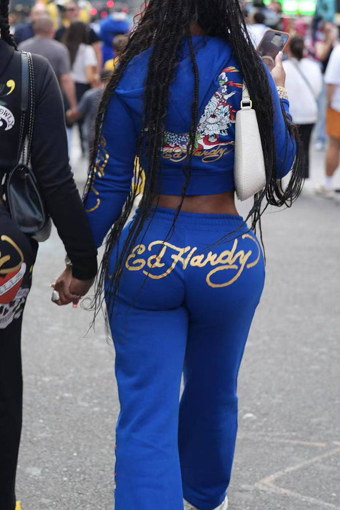 Goosudu Street Print Patchwork Draw String Pocket Zipper Hooded Collar Long Sleeve Two Pieces